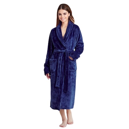 Women Plush Shawl Collar Robe, Fleece Bathrobe, Navy XXL/One Size